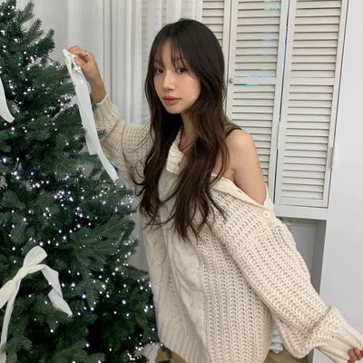 Off-shoulder Cable Knit Long Sleeve T-shirt