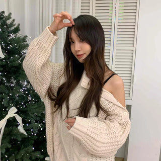 Off-shoulder Cable Knit Long Sleeve T-shirt