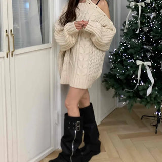 Off-shoulder Cable Knit Long Sleeve T-shirt