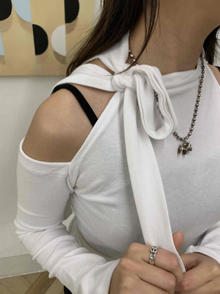 Ribbon Tie Cold Shoulder Slim Turtleneck Long Sleeve Tee