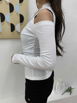 Ribbon Tie Cold Shoulder Slim Turtleneck Long Sleeve Tee