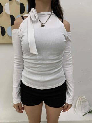 Ribbon Tie Cold Shoulder Slim Turtleneck Long Sleeve Tee