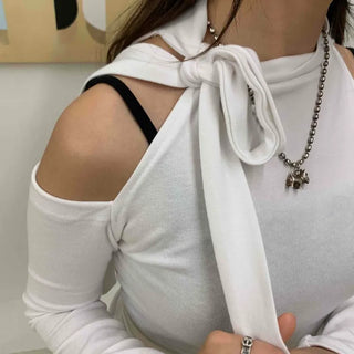 Ribbon Tie Cold Shoulder Slim Turtleneck Long Sleeve Tee