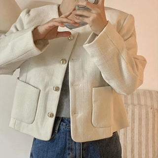 Tsha collarless button tweed jacket