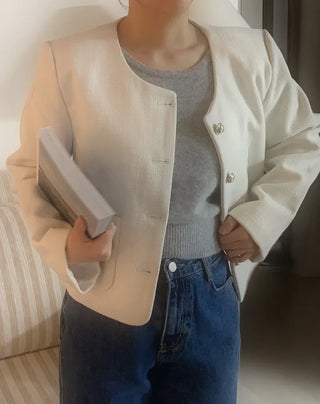 Tsha collarless button tweed jacket
