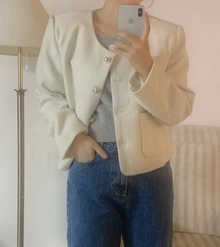 Tsha collarless button tweed jacket