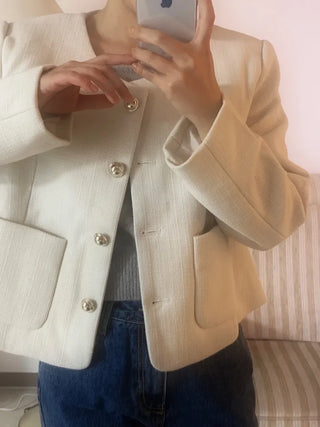 Tsha collarless button tweed jacket