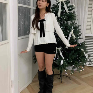 Shine Big Ribbon Square Neck Peplum Knit Cardigan