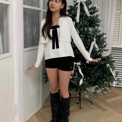 Shine Big Ribbon Square Neck Peplum Knit Cardigan