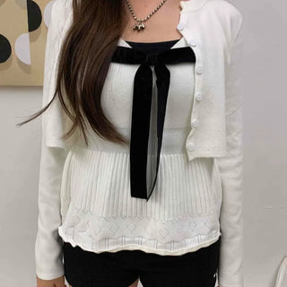 Shine Big Ribbon Square Neck Peplum Knit Cardigan