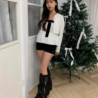 Shine Big Ribbon Square Neck Peplum Knit Cardigan