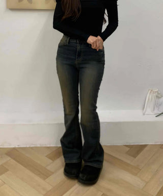 Vintage washed bootcut long denim pants