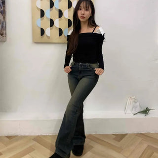 Vintage washed bootcut long denim pants