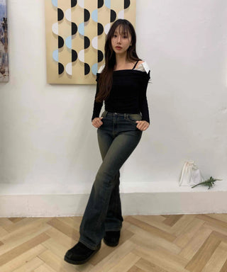 Vintage washed bootcut long denim pants