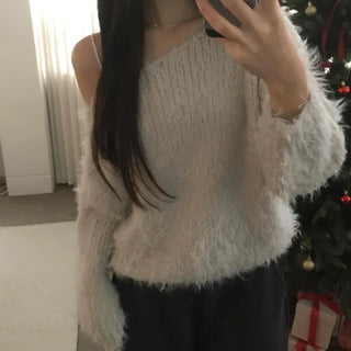 Fur Mix Off-Shoulder Balloon Sleeve Knit