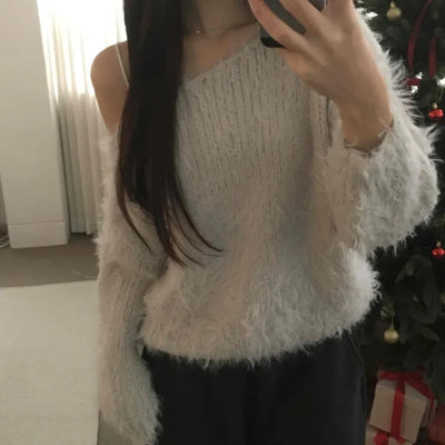 Fur Mix Off-Shoulder Balloon Sleeve Knit