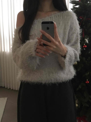 Fur Mix Off-Shoulder Balloon Sleeve Knit