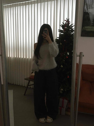 Fur Mix Off-Shoulder Balloon Sleeve Knit