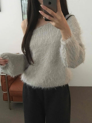 Fur Mix Off-Shoulder Balloon Sleeve Knit