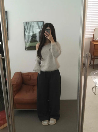 Fur Mix Off-Shoulder Balloon Sleeve Knit