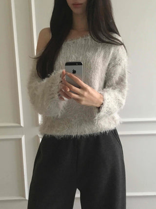 Fur Mix Off-Shoulder Balloon Sleeve Knit