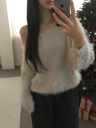Fur Mix Off-Shoulder Balloon Sleeve Knit