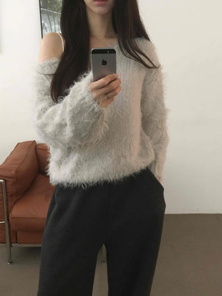 Fur Mix Off-Shoulder Balloon Sleeve Knit