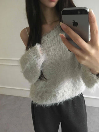 Fur Mix Off-Shoulder Balloon Sleeve Knit