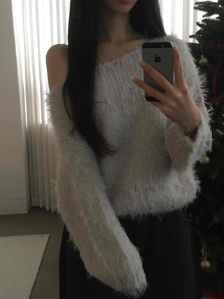 Fur Mix Off-Shoulder Balloon Sleeve Knit