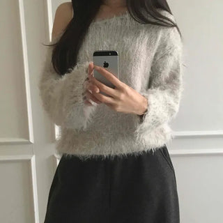 Fur Mix Off-Shoulder Balloon Sleeve Knit