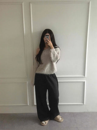 Fur Mix Off-Shoulder Balloon Sleeve Knit