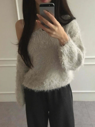 Fur Mix Off-Shoulder Balloon Sleeve Knit