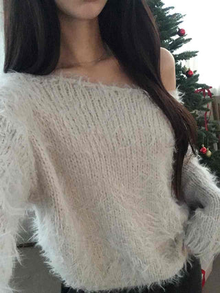 Fur Mix Off-Shoulder Balloon Sleeve Knit