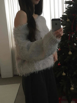 Fur Mix Off-Shoulder Balloon Sleeve Knit