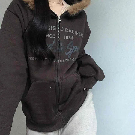 Fur-trimmed Hooded Lettering Oversized Zip-up