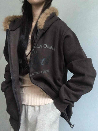 Fur-trimmed Hooded Lettering Oversized Zip-up