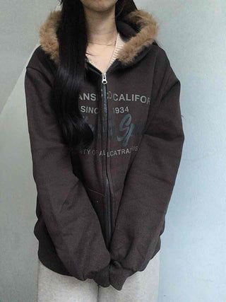 Fur-trimmed Hooded Lettering Oversized Zip-up