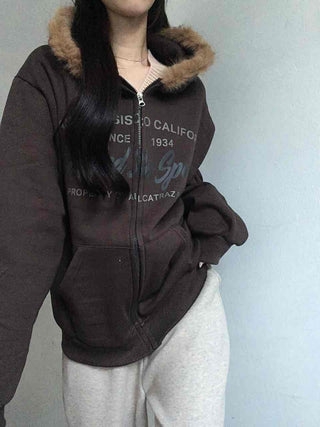 Fur-trimmed Hooded Lettering Oversized Zip-up