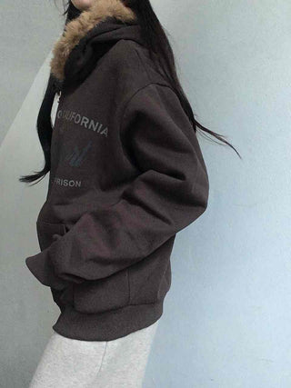Fur-trimmed Hooded Lettering Oversized Zip-up