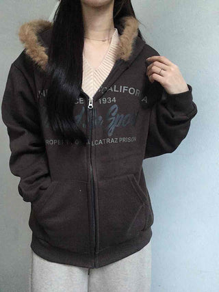 Fur-trimmed Hooded Lettering Oversized Zip-up