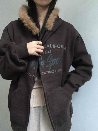 Fur-trimmed Hooded Lettering Oversized Zip-up