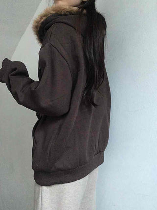 Fur-trimmed Hooded Lettering Oversized Zip-up