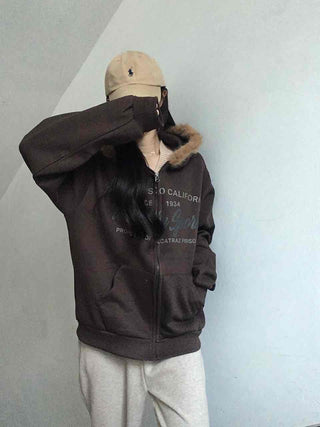 Fur-trimmed Hooded Lettering Oversized Zip-up
