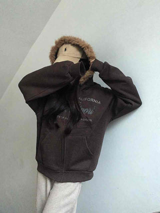 Fur-trimmed Hooded Lettering Oversized Zip-up
