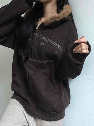 Fur-trimmed Hooded Lettering Oversized Zip-up