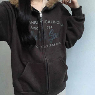 Fur-trimmed Hooded Lettering Oversized Zip-up