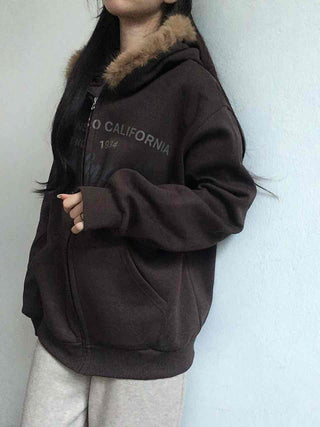 Fur-trimmed Hooded Lettering Oversized Zip-up