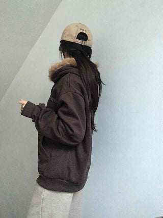 Fur-trimmed Hooded Lettering Oversized Zip-up