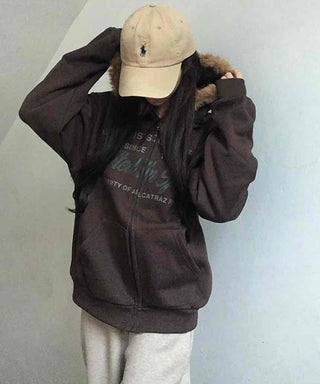 Fur-trimmed Hooded Lettering Oversized Zip-up
