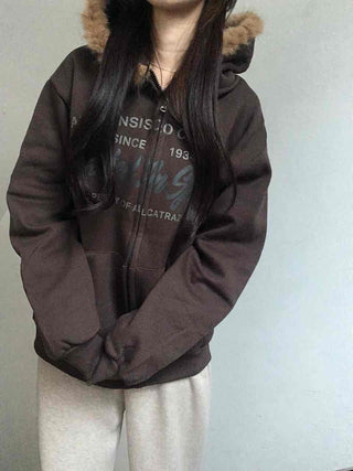 Fur-trimmed Hooded Lettering Oversized Zip-up